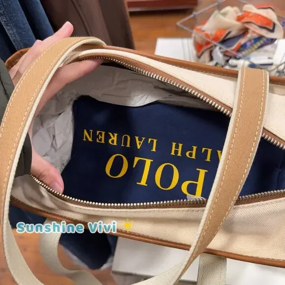 NWT Polo Ralph Lauren Women's Leather-Trim Canvas Medium Shopper Tote Ecru/Cuoio